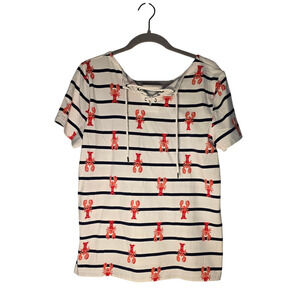 TALBOTS Womens Medium Nautical Lobster Print Striped Cotton Blouse Costal Soft